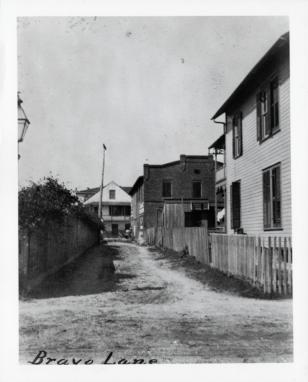 Looking west down Bravo Lane from Marine Street, to the O'Reilly House on Aviles (Hospital) Street, ca. 1890