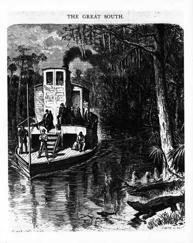 A detail of the illustration entitled "On the Oclawaha Florida" from the frontispiece of the book "The Great South", Illustated by J. Wells Champney, 1864