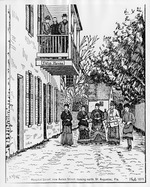 A pen and ink drawing showing a group standing in Aviles Street in front of the Ximinez-Fatio House, from a photograph taken in 1875