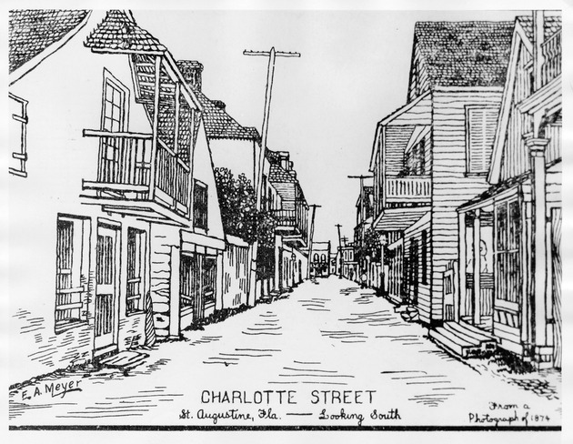 A pen and ink drawing of Charlotte Street at Baya Lane, looking South, from a photograph taken in 1874