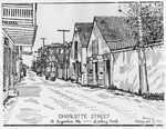 A pen and ink drawing of Charlotte Street at Baya Lane, looking North, from a photograph taken in 1876