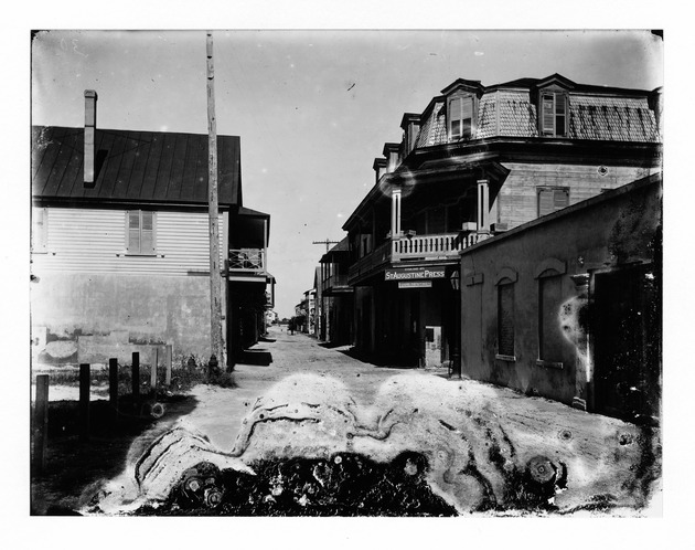 The intersection of Charlotte Street and Treasury Street with the Perez Sanchez House on the right, looking North, ca. 1888