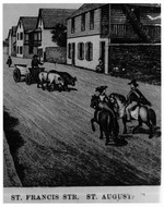A pen and ink drawing of a street scene along St. Francis Street from the intersection with Marine Street looking Northwest