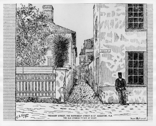 A pen and ink drawing of a man leaning against a house at the intersection of Treasury Street and Avenida Menendez (Bay Street), looking West, drawn from a historic photograph