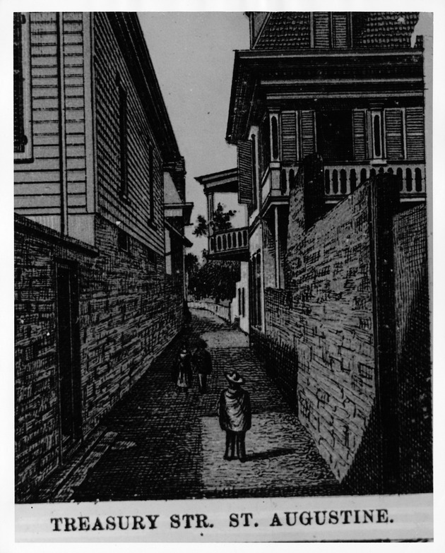 A pen and ink drawing showing a street scene along Treasury Street, looking West