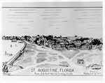 A pen and ink drawing showing the skyline of St. Augustine as seen from the Castillo de San Marcos, looking South, drawn from a photograph from 1875