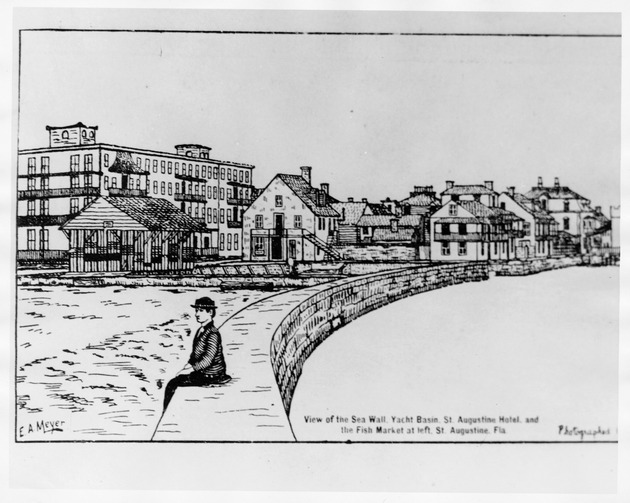 A pen and ink drawing of a woman sitting on the seawall near the boat basin and fish market along the waterfront, looking North, ca. 1870