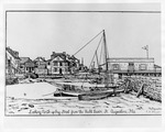 A pen and ink drawing looking north along Bay Street (Avenida Menendez) from inside the boat basin (yacht club on right), drawn from a photograph from 1883