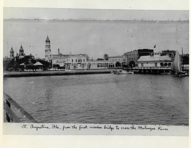 A view of the waterfront from the wooden bridge with the yacht club on the right, looking Northwest, ca. 1900