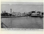 [1900] A view of the waterfront from the wooden bridge with the yacht club on the right, looking Northwest, ca. 1900