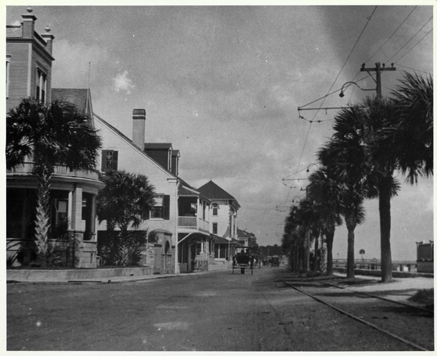 Bay Street from Cathedral Street, with "Blenmore" (home of C. F. Hamblen) on the left and the Carr-Drysdale house behind it, and with the electric street railroad line on the ground on the right, looking North, ca. 1895