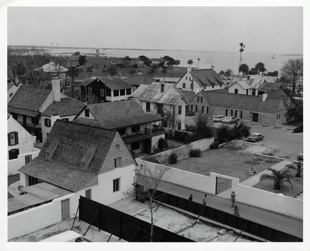 Looking over St. George Street to the the inlet with the exposed foundations of the Villalonga House at the bottom, prior to its reconstruction, and the Ortega House to the left, looking Northeast, ca. 1972