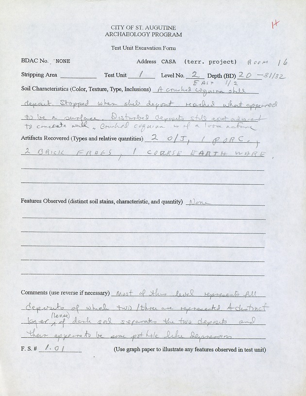 Excavation forms and field notes for Test Unit 1 - 
