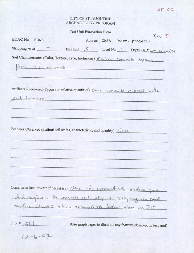 Excavation forms and field notes for Test Unit 5 - 