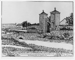 A pen and ink drawing of the City Gate, looking Southeast with the Castillo de San Marcos on the left, drawn from a very old photograph, ca. 1860's