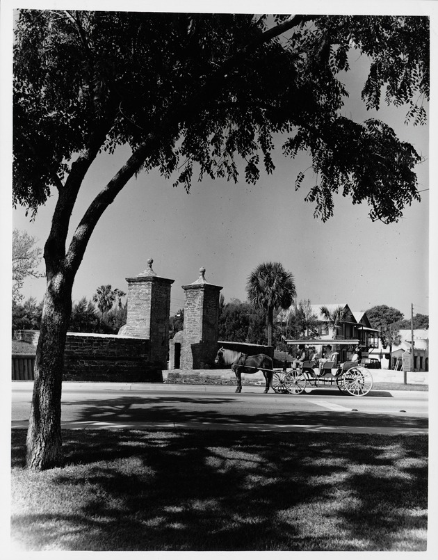 A horse-drawn carriage rides past the City Gate along Avenida Menendez (Bay Street), looking West, ca. 1965