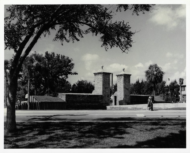 The City Gate and the reconstructed Cubo Line as seen from the grounds of the Castillo de San Marcos, looking Southwest, ca. 1966