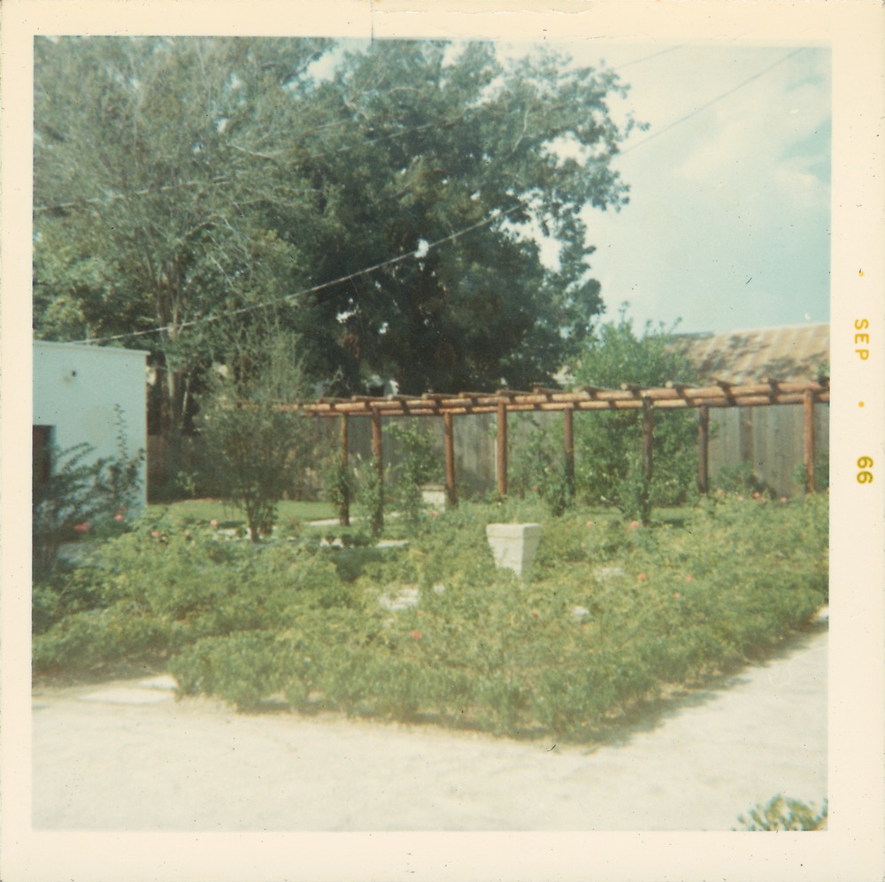 View of the Ribera House garden and arbor, facing Southwest, 1966