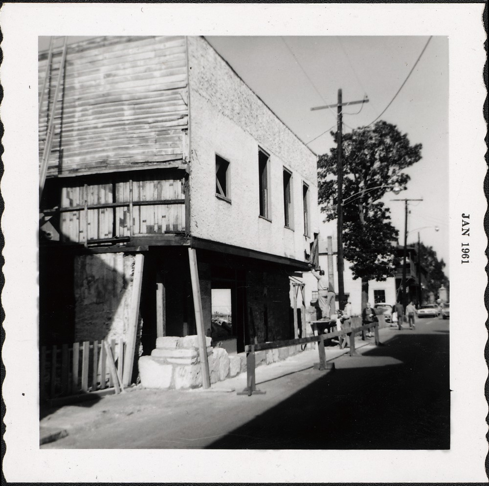 Arrivas House during restoration, working on first floor coquina walls, looking North, 1961