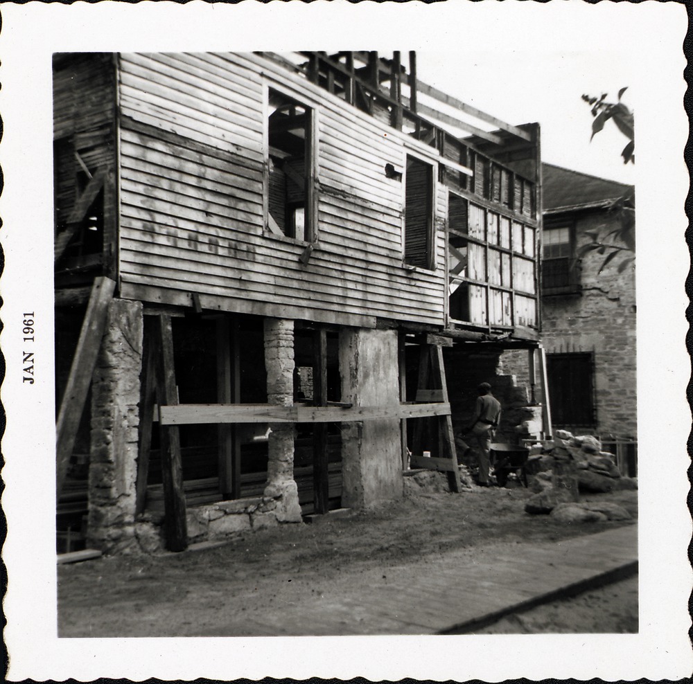 South elevation of Arrivas House during restoration, looking northeast, 1961