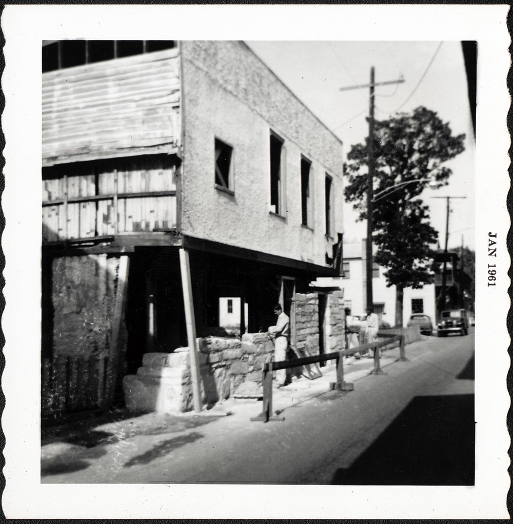 Reconstructing eastern first floor coquina wall on Arrivas House, looking North, 1961