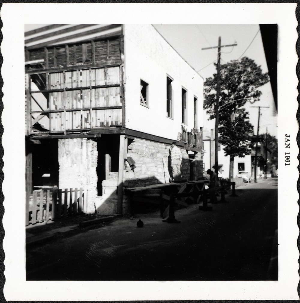 Finishing eastern first floor coquina wall of Arrivas House, looking North, 1961