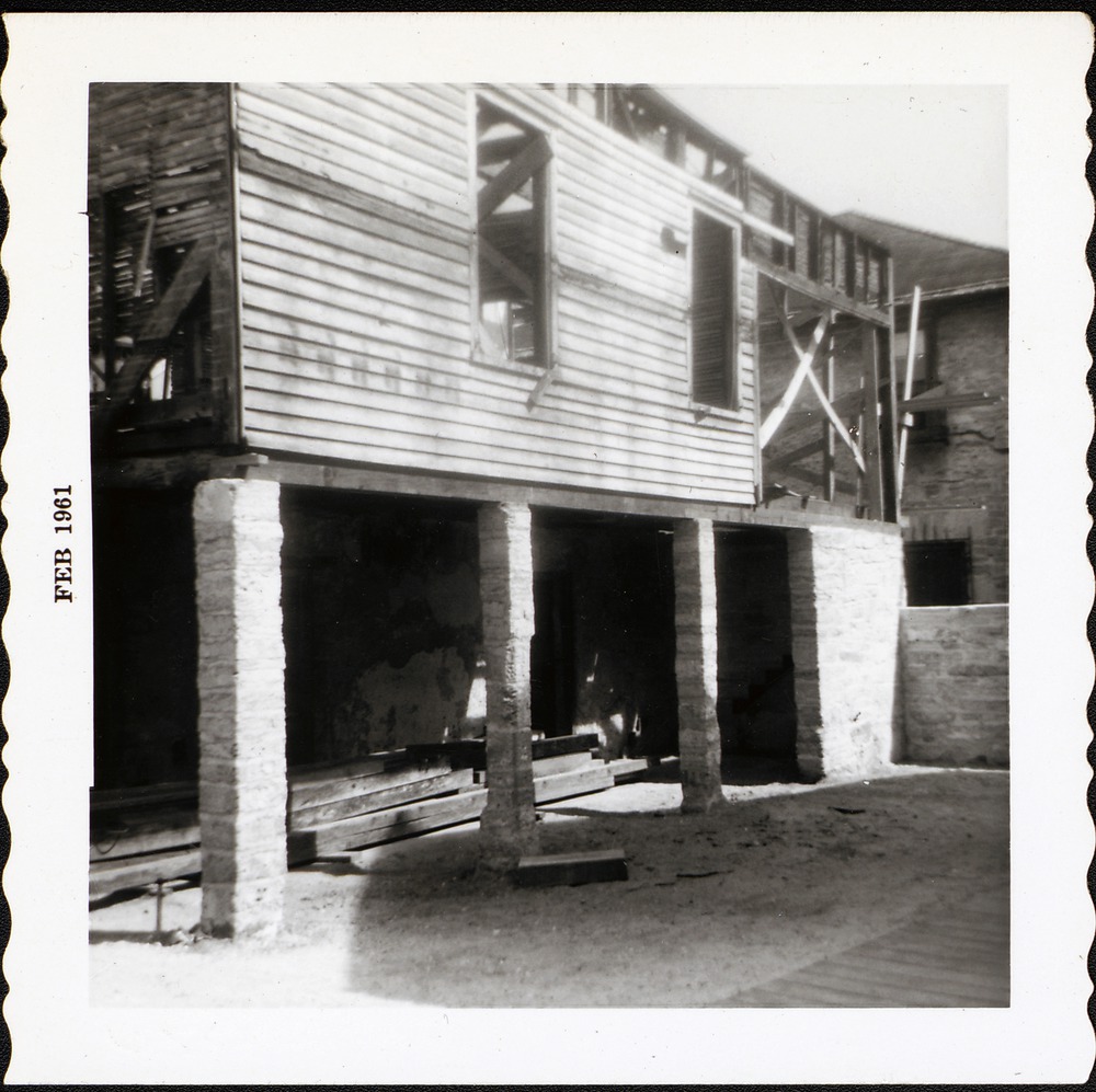 South elevation of Arrivas House with reconstructed coquina pillars, looking Northeast, 1961