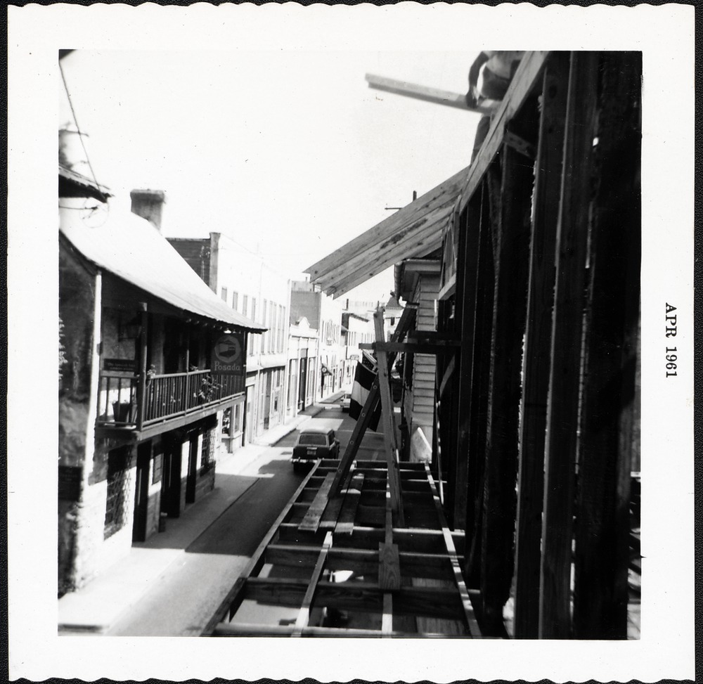 Restoration of the Arrivas House balcony, looking South, 1961