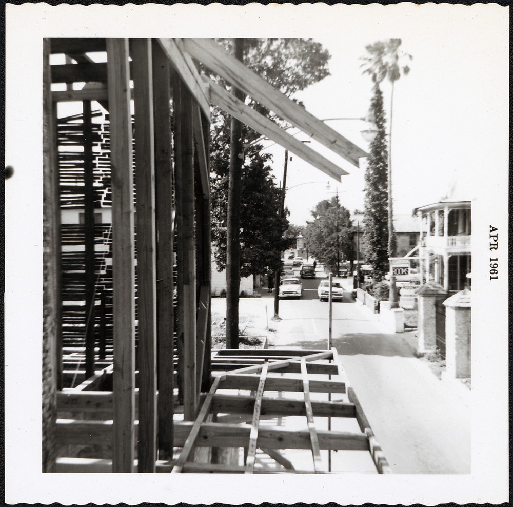 Restoration of the Arrivas House balcony, looking North, 1961