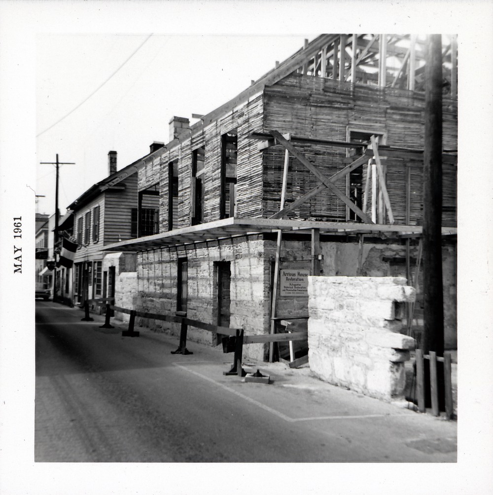 Northeast corner of Arrivas House during restoration, framing the second-story balcony, looking South, 1961