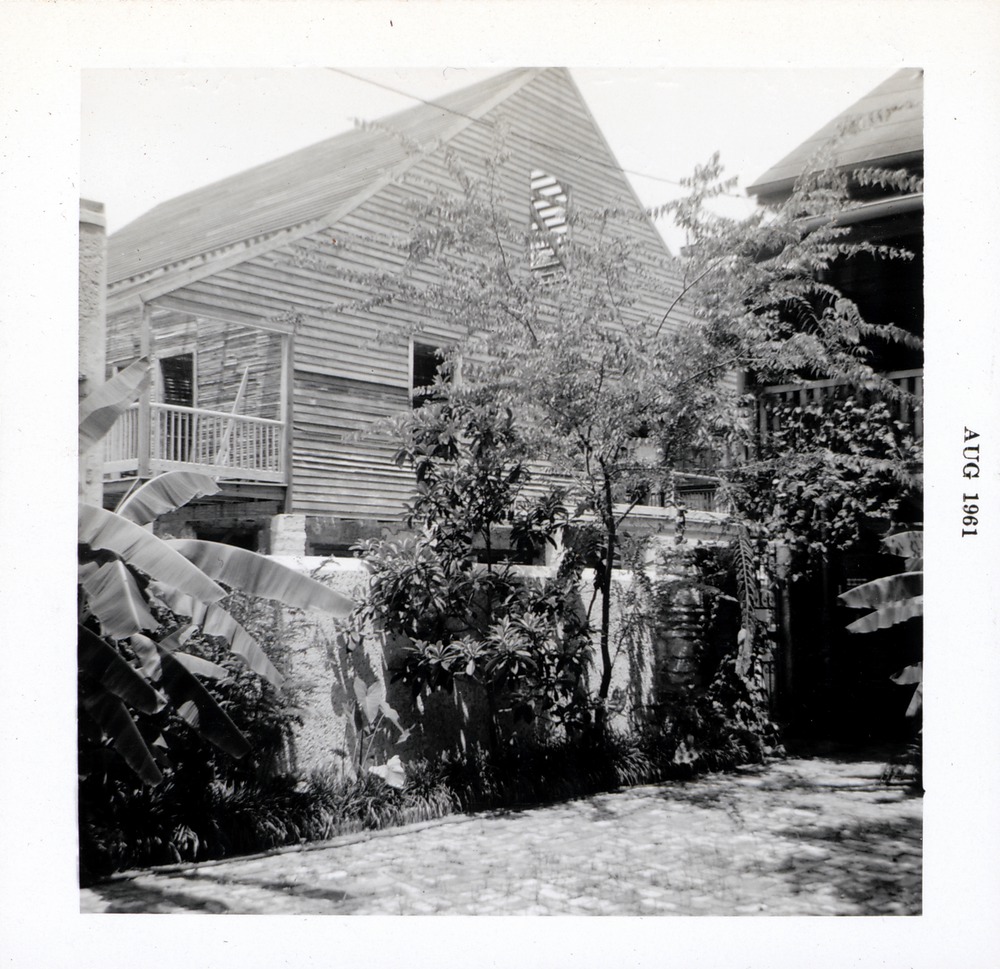 South elevation of Arrivas House during restoration from courtyard of the Rodriguez House, looking Northeast, 1961