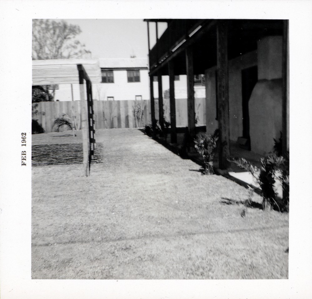 West patio of Arrivas House, with grape arbor, looking North, 1962