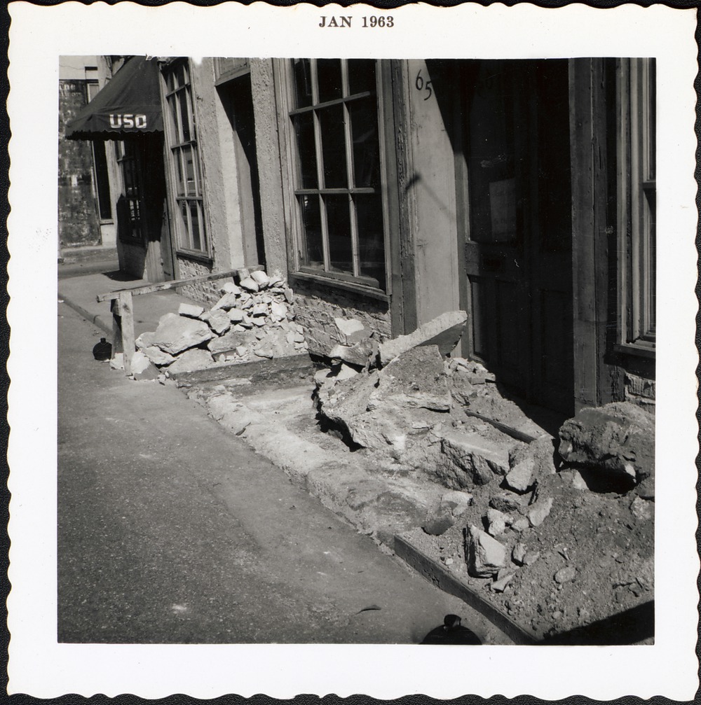 Exposing west wall footing at the Benet House on St. George Street prior to restoration, looking North, 1963