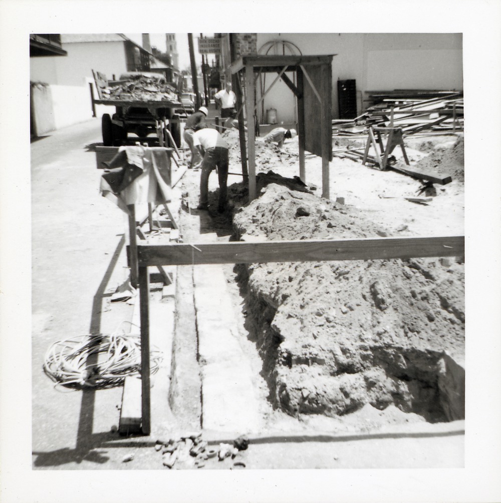 Exposing the original foundations of the Benet Store, from the intersection of St. George Street and Cuna Street, looking South