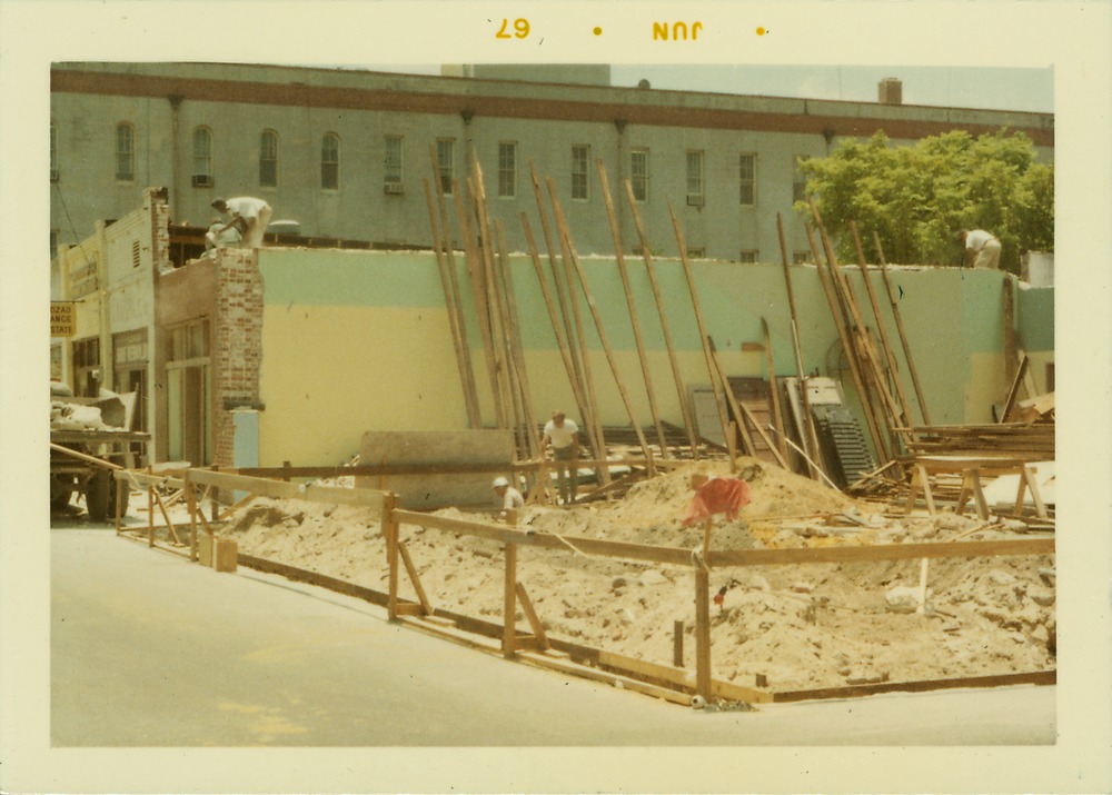 Beginning the reconstruction of Benet Store, looking Southwest, 1967