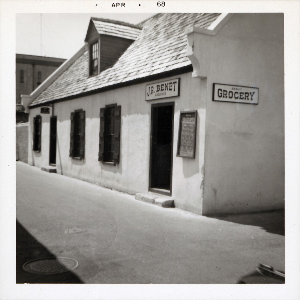 Easr elevation of Benet Store (Grocery) from the intersection of St. George Street and Cuna Street, looking Southwest, 1968