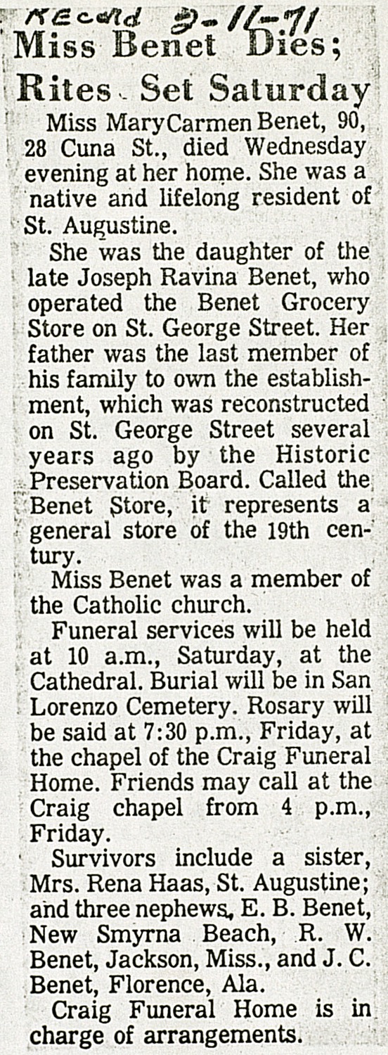 Miss Benet Dies; Rites Set Saturday