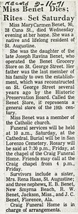 Miss Benet Dies; Rites Set Saturday