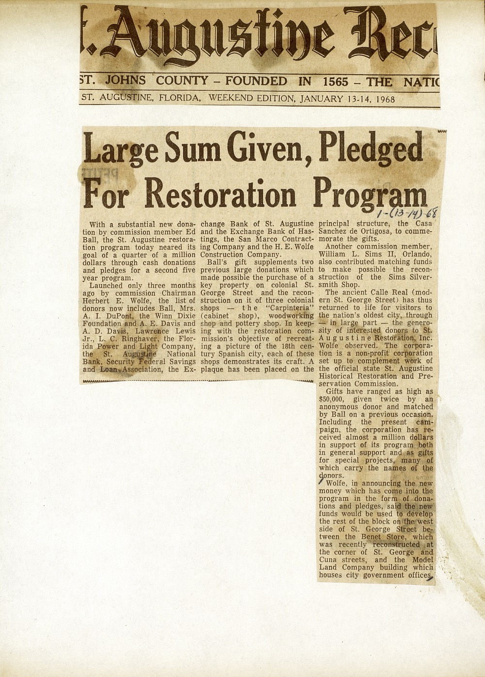 Large Sun Given, Pledged For Restoration Program - 