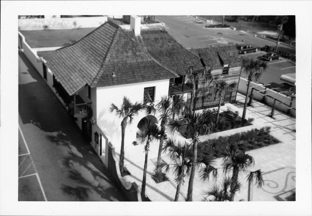 Aerial view of the Marin-Hassett House and Hispanic Garden from the roof of the courthouse, looking Northeast