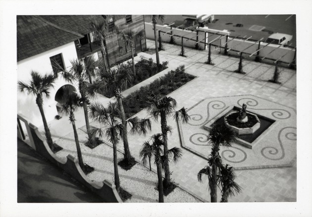 Aerial view of the Hispanic Garden from the roof of the courthouse, looking Northeast, ca. 1967