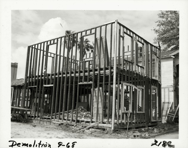 Demolition of the Brewster House on Cuna Street, looking Southwest