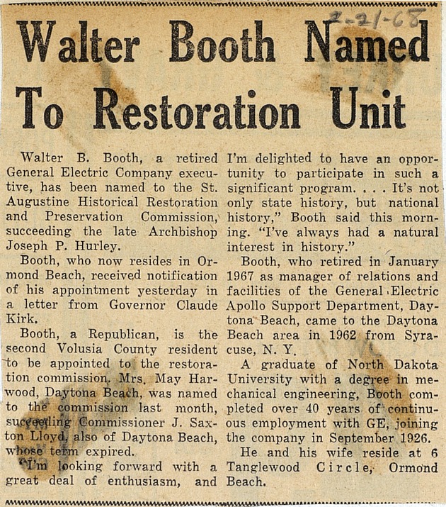 Walter Booth Named To Restoration Unit