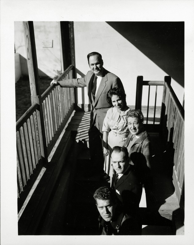 Earle W. Newton, Rita H. O'Brien, Marion E. Randolph, Roberty Gold, and Robert H. Steinbach on the staircase to the blacony of the Arrivas House, 1962