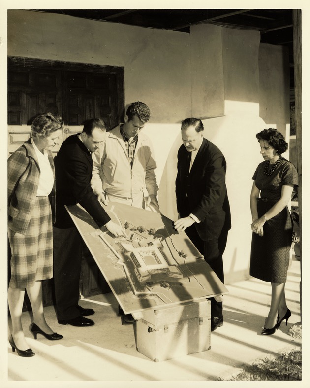 Marion E. Randolph, Robert Gold,Robert H. Steinbach, Earle W. Newton, and Rita H. O'Brien on the back porch of the Arrivas House, 1962