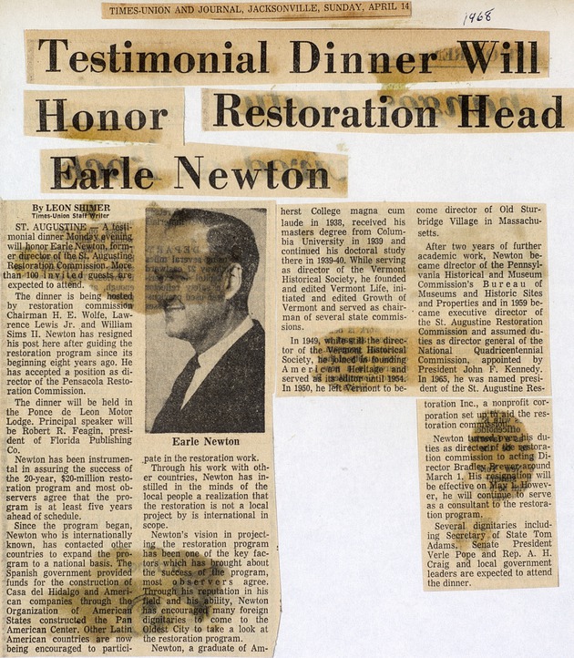 Testimonial Dinner Will Honor Restoration Head Earle Newton