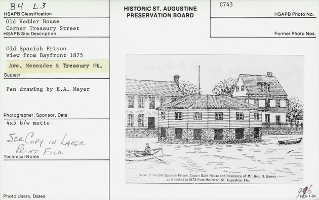 Pen and ink drawing showing three properties along the St. Augustine bayfront ca. 1875 with the Vedder House one the left