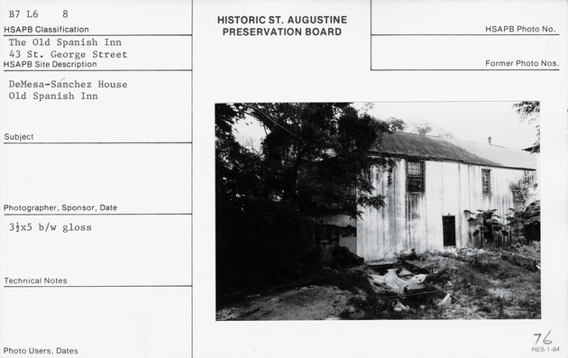 North elevation of the De Mesa Sanchez House (prior to restoration) from the rear yard of the Avero House, looking Southwest