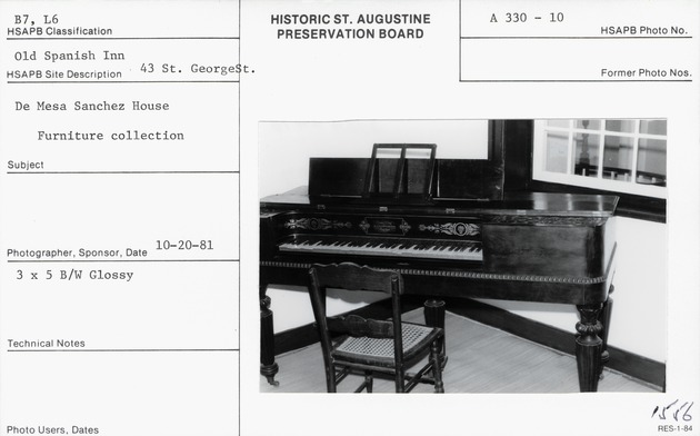 Pianoforte (Piano) in the Upstairs Parlor (Room 201) of De Mesa Sanchez House