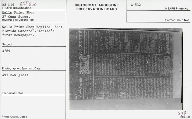 A replica of a page of the East Florida Gazette, Florida's first newspaper, on display in the Wells Print Shop